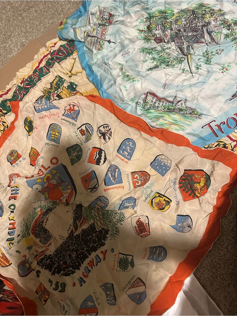 Vintage Norway Souvenir Scarf with Orange Border lot of 3 1950s and 60s